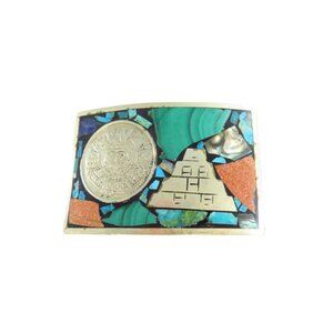 Vintage Aztec Pyramid Belt Buckle, Mixed Stones - 1 7/8" Belt